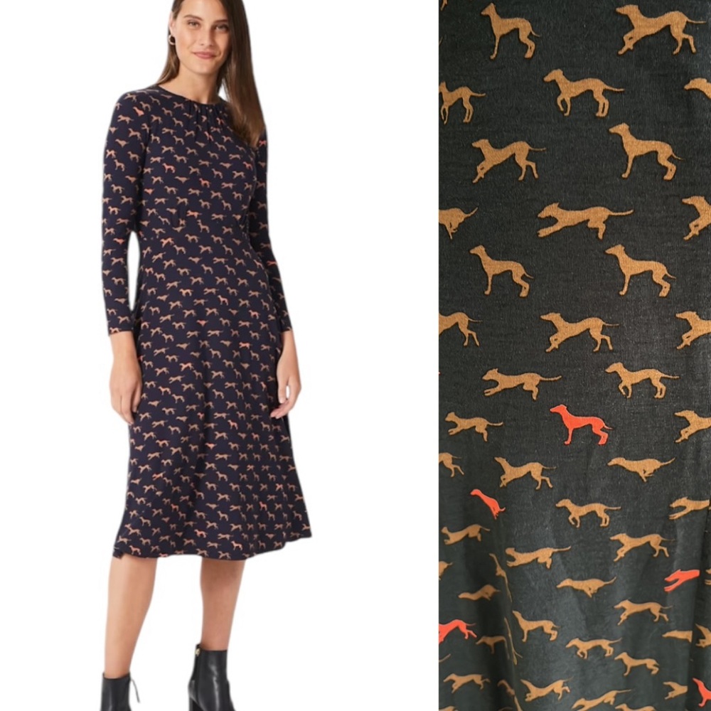 HOBBS London Sian Dog Printed Jersey Knit Midi Dress - 8